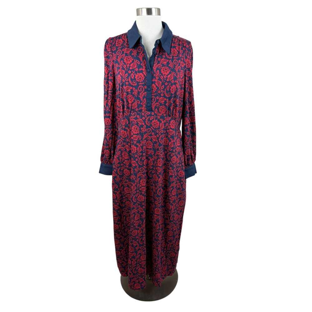 BODEN Empire Waistline Shirt Dress In Red Ornate Flora Size 12 Pockets Navy Red